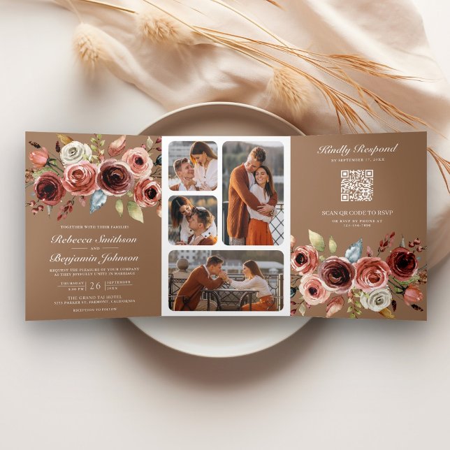 Terracotta Floral QR Code Beige Tan Wedding Dreifach Gefaltete Einladung (Von Creator hochgeladen)