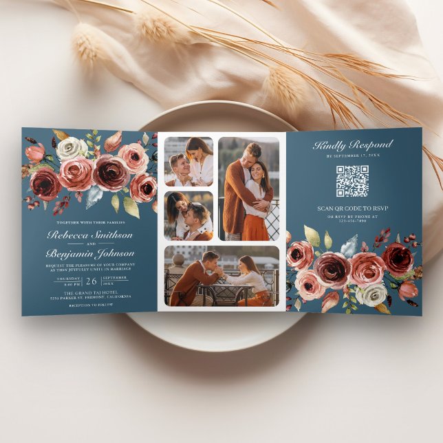 Terracotta Floral QR Code Dusty Blue Wedding Dreifach Gefaltete Einladung (Von Creator hochgeladen)