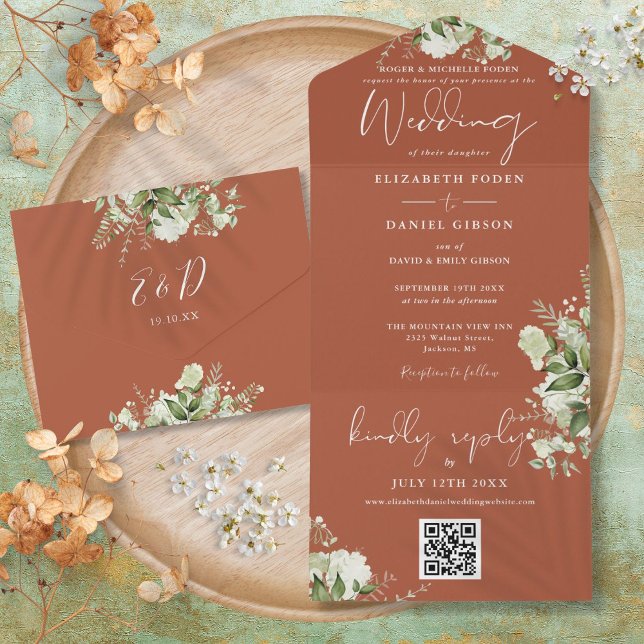 Terracotta Floral QR Code Formal Wedding All In One Einladung (Terracotta Floral QR Code Formal Wedding All In One Invitation)