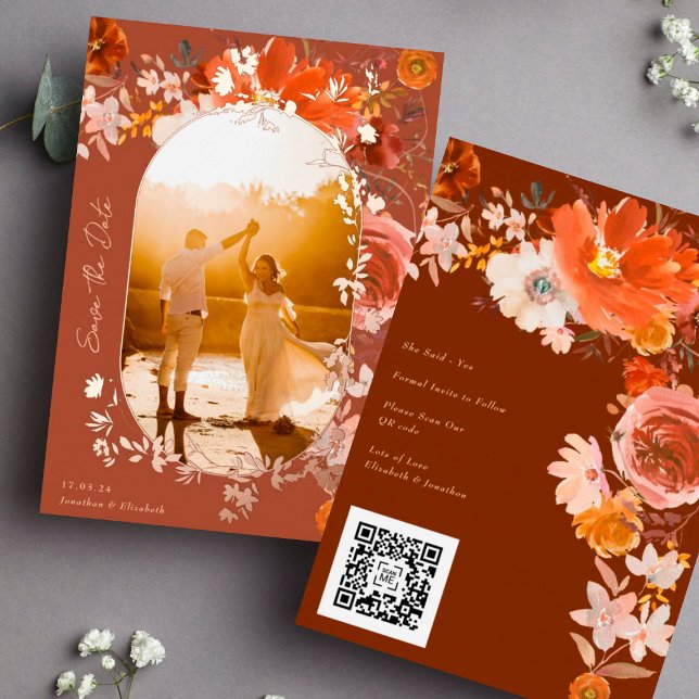 Terracotta Floral QR Code Foto Save the Date Folieneinladung (Von Creator hochgeladen)