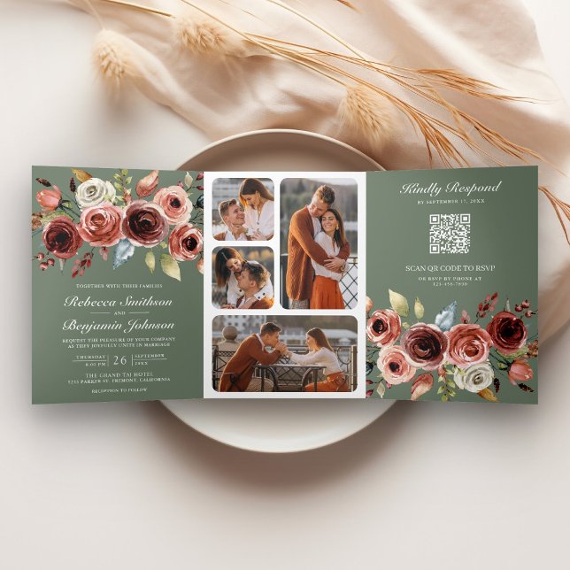 Terracotta Floral QR Code Sage Green Wedding Dreifach Gefaltete Einladung (Von Creator hochgeladen)
