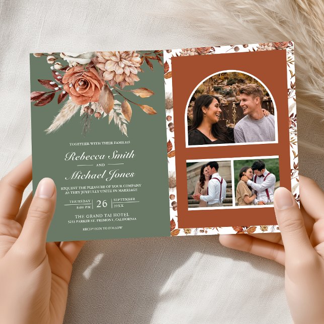 Terracotta Floral Sage Green QR Code Wedding Einladung (Von Creator hochgeladen)