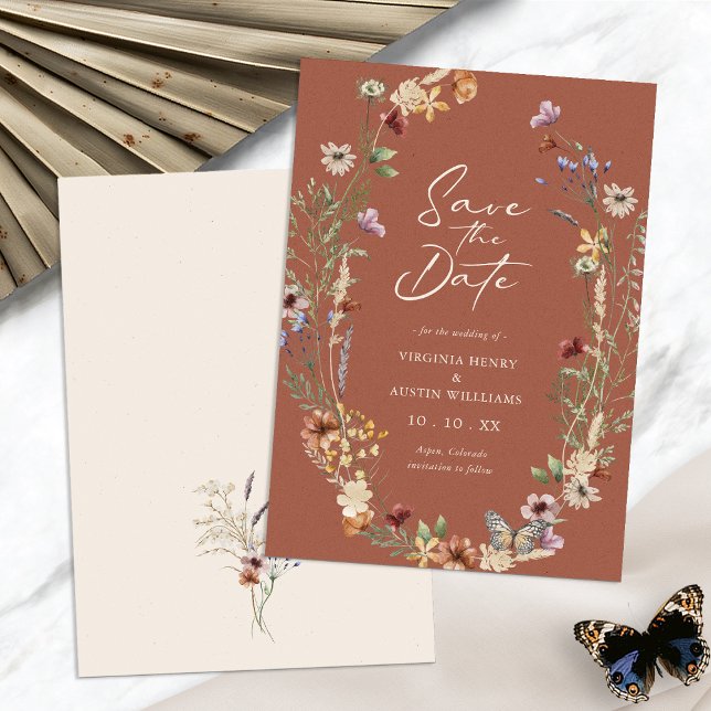 Terracotta Floral Save the Date Flachbildschirm (Boho Terracotta Floral Save The Date Flat Card by Painted Paperie
)