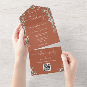 Terracotta Floral Script Herz QR Code Hochzeit All In One Einladung