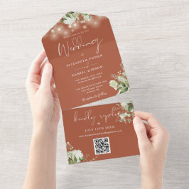 Terracotta Floral String Lights QR Code Wedding All In One Einladung