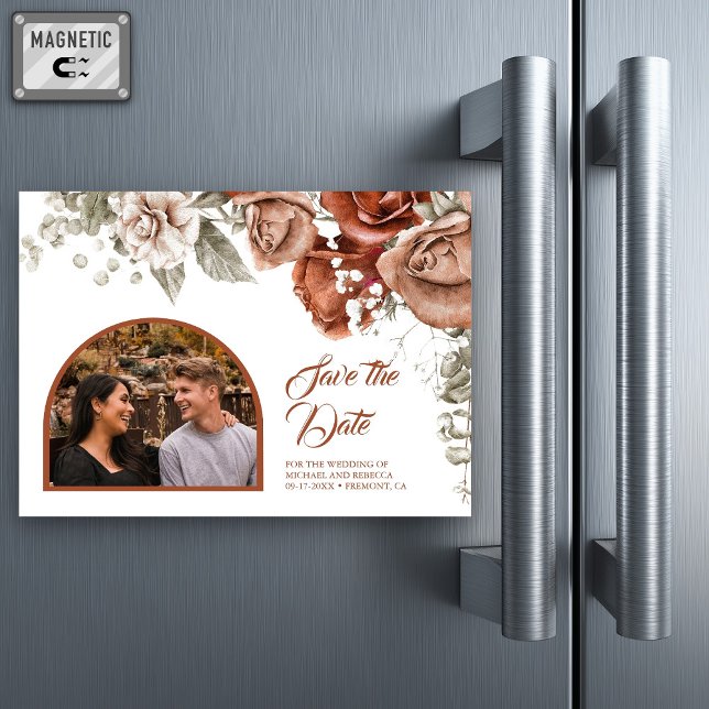 Terracotta Floral Wedding Arch Foto Save the Date Magneteinladung (Von Creator hochgeladen)
