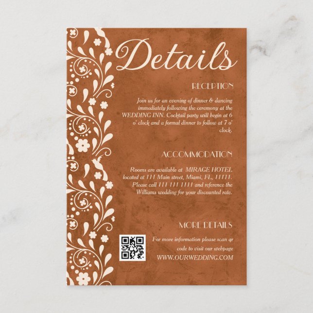 Terracotta Floral Wedding Details QR code Begleitkarte (Vorderseite)
