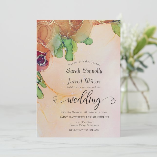 Terracotta Floral Wedding Einladung (Stehend Vorderseite)