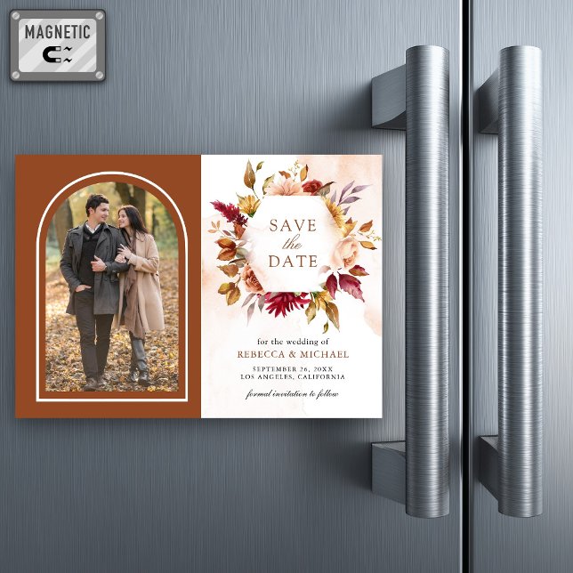Terracotta Floral Wedding Foto Save the Date Magneteinladung (Von Creator hochgeladen)