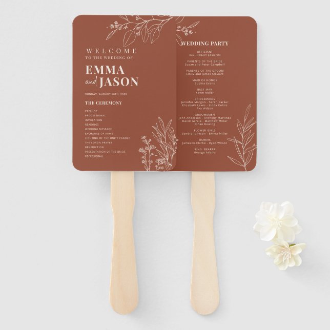 Terracotta Floral Wedding Hand Fan Programm Fächer (Vorne und Hinten)
