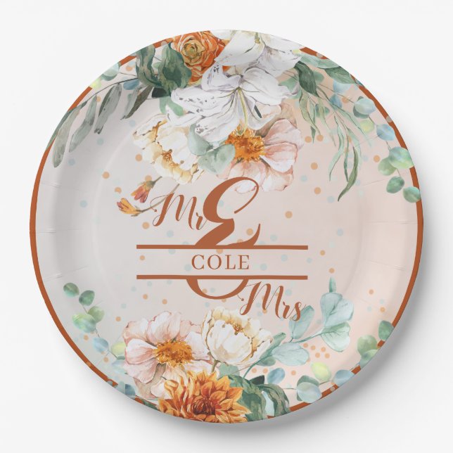 Terracotta Floral Wedding Mr. und Mrs. Pappteller (Vorderseite)
