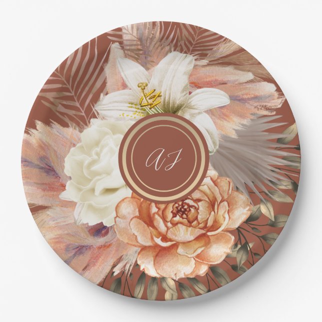 Terracotta Floral Wedding Pappteller (Vorderseite)