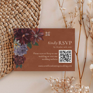 Terracotta Floral Wedding RSVP QR Code Karte