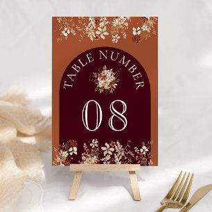Terracotta Floral Wildblume Burgundy Wedding Tischnummer