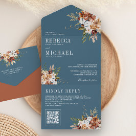 Terracotta Floral Wildblume Dusty Blue Wedding All In One Einladung