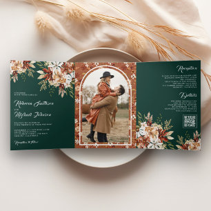 Terracotta Floral Wildblume Emerald Green Wedding Dreifach Gefaltete Einladung