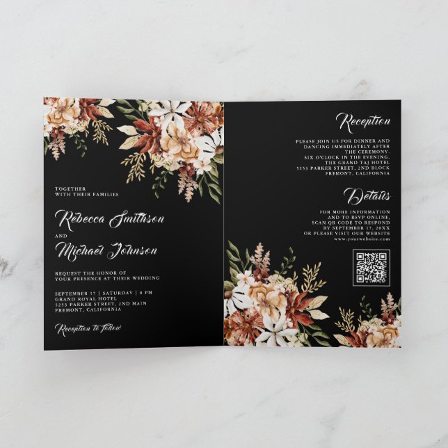 Terracotta Floral Wildflower Black Wedding Einladung (Innenseite)