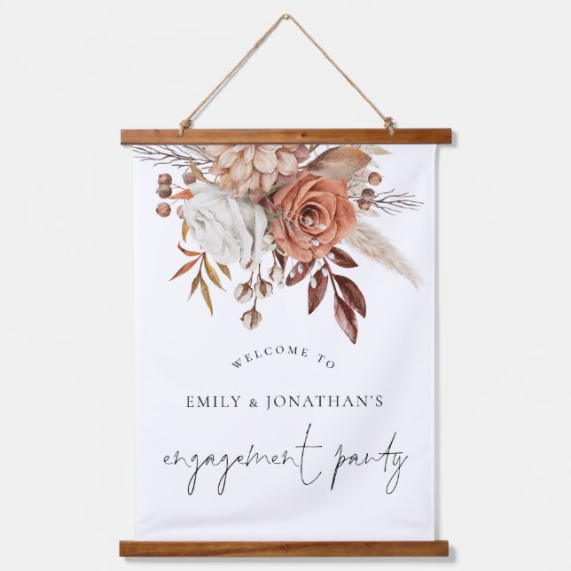 Terracotta Florals Begrüßungsparty Wandteppich Mit Holzrahmen (Vorderseite)