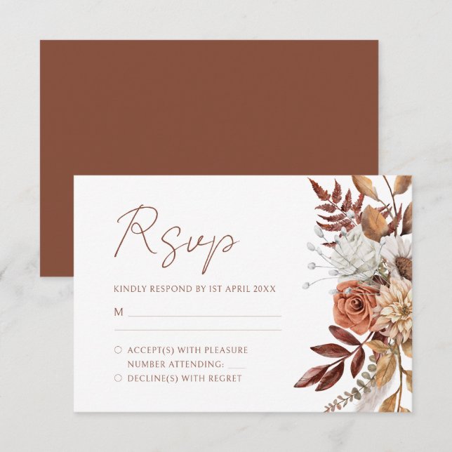 Terracotta Florals Boho Herbstblattsehen RSVP Karte (Vorne/Hinten)
