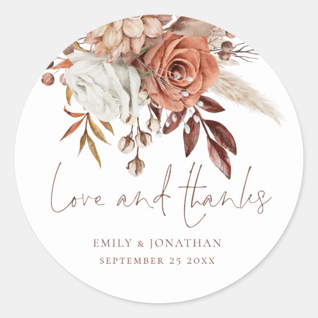 Terracotta Florals Brown Text Liebe Dank Hochzeit Runder Aufkleber (Vorderseite)