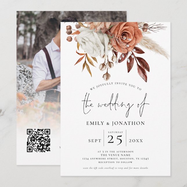 Terracotta Florals Foto Overlay QR Code Wedding Einladung (Vorne/Hinten)