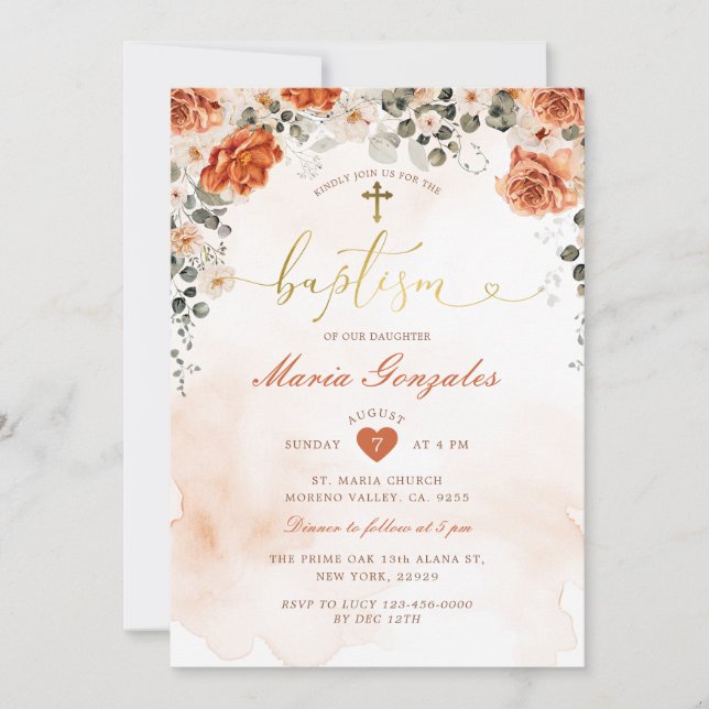 Terracotta Florals Girl Christening Gold Taufe Einladung (Vorderseite)
