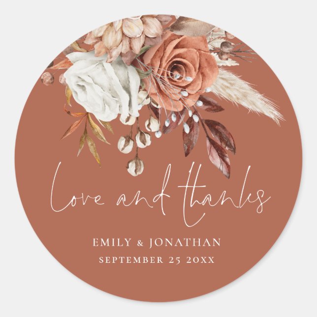 Terracotta Florals Liebe Dank an Rust Wedding Runder Aufkleber (Vorderseite)