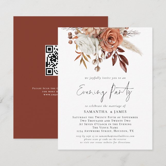 Terracotta Florals QR Code Wedding Abend Party Einladung (Vorne/Hinten)