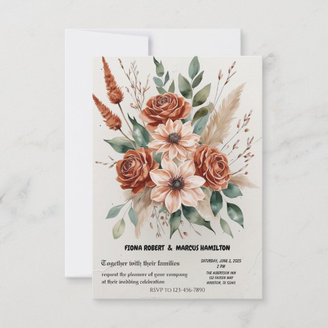 Terracotta Florals Rustic Boho Wedding RSVP Karte (Vorderseite)