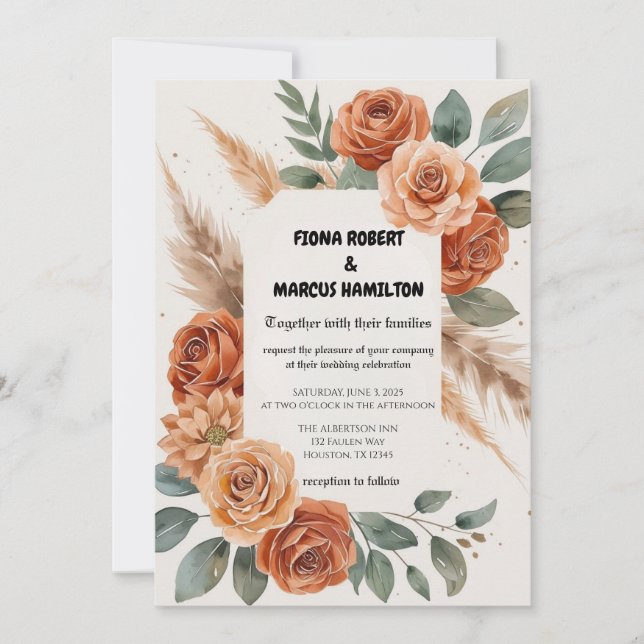 Terracotta Florals Rustic Earthy Boho Wedding Einladung (Vorderseite)