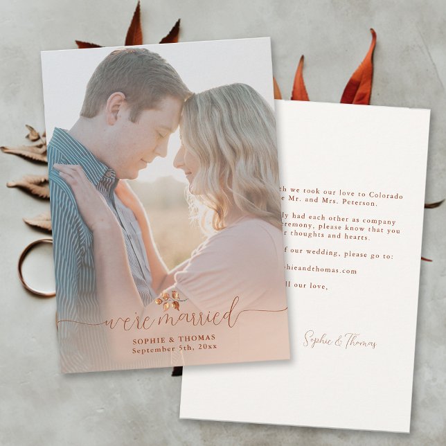 Terracotta Foliage Photo Elopement Faire-part (Were Married Terracotta Photo Elopement Announcement Modern Calligraphy Elegant Feminine Fall Autumn)