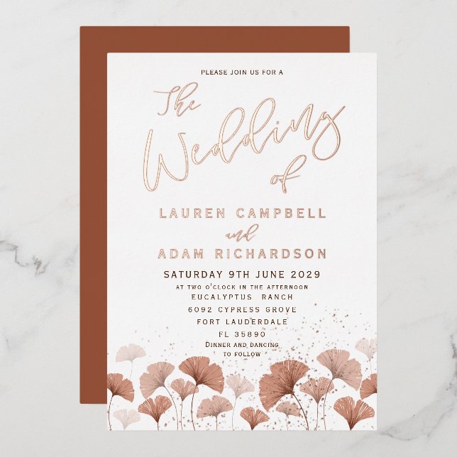 Terracotta Foliage Rose Gold Wedding Folieneinladung (Vorderseite/Rückseite)