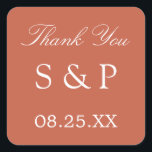 Terracotta-Gastgeschenk Hochzeit Vielen Dank Quadratischer Aufkleber<br><div class="desc">Terracotta Gastgeschenk Hochzeit Vielen Dank Sticker,  bitte personalisieren Sie mit den Initialen des Paares und das Datum der Hochzeit,  mit der Online-Personalisierung Vorlage vor der Bestellung.</div>