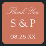 Terracotta-Gastgeschenk Hochzeit Vielen Dank Quadratischer Aufkleber<br><div class="desc">Terracotta Gastgeschenk Hochzeit Vielen Dank Sticker, bitte personalisieren Sie mit den Initialen des Paares und das Datum der Hochzeit, mit der Online-Personalisierung Vorlage vor der Bestellung.</div>
