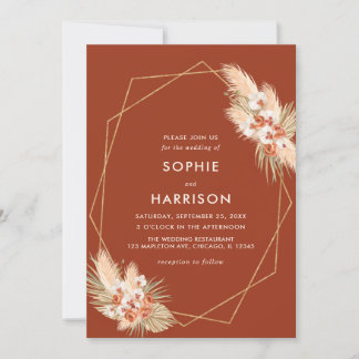 Terracotta Geometric Boho Pampas Grass Wedding Einladung