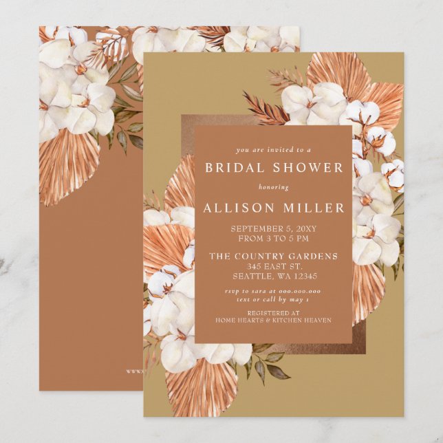 Terracotta Gold Boho Pampas Brautparty Einladung (Vorne/Hinten)