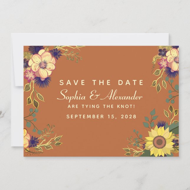 Terracotta Gold Floral Wedge Herbst Save The Date (Vorderseite)