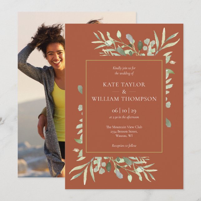 Terracotta Gold Foliage Foto Wedding Einladung (Vorne/Hinten)