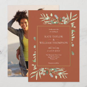 Terracotta Gold Foliage Foto Wedding Einladung
