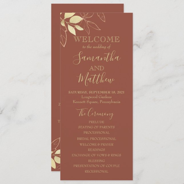 Terracotta Gold Foliage Programme de mariage botan (Devant / Derrière)