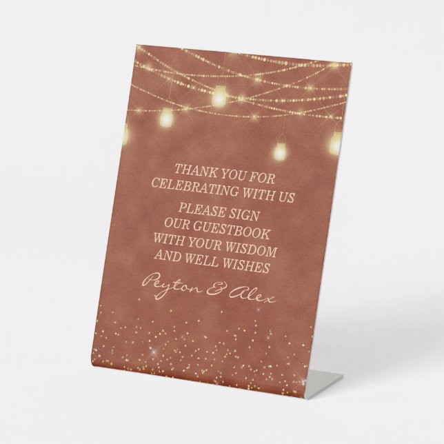 Terracotta Gold Glitzer Lights Wedbook Sockelschild (Vorderseite)