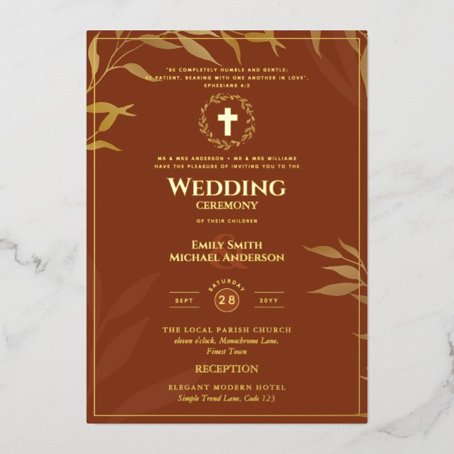 Terracotta Gold Katholische Hochzeit Folieneinladung (Vorderseite)