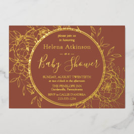 Terracotta & Gold Modern Peony Toile Baby Dusche Folieneinladung
