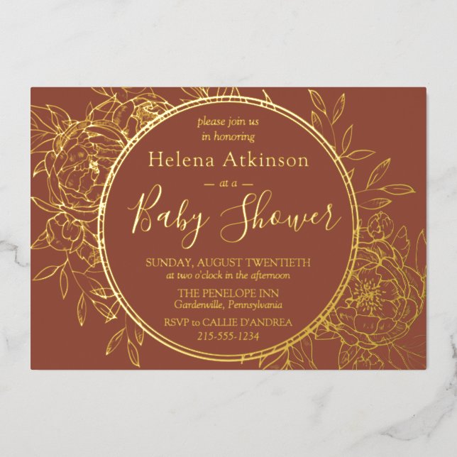 Terracotta & Gold Modern Peony Toile Baby Dusche Folieneinladung (Vorderseite)