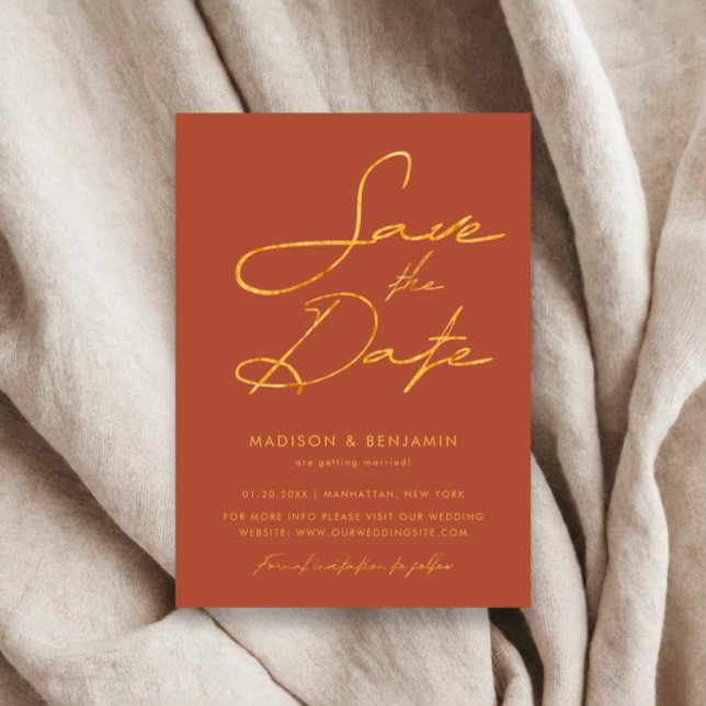Terracotta Gold Moderne Typografie Hochzeit Save The Date (Von Creator hochgeladen)