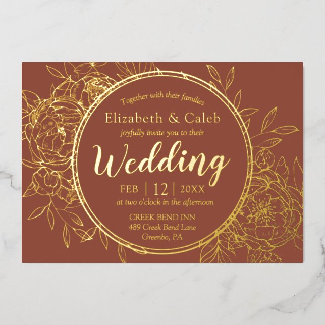 Terracotta & Gold Peony Modern Toile Hochzeit Folieneinladung (Vorderseite)