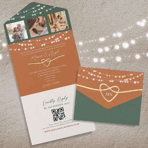 Terracotta Green String Lights Wedding QR Code All In One Einladung