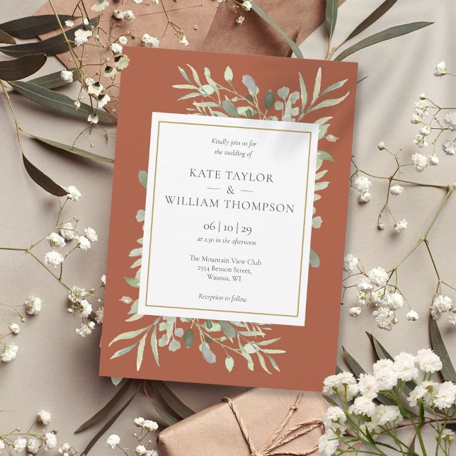 Terracotta Greenerage Foliage Gold Wedding Einladung (Terracotta Greenery Foliage Gold Wedding Invitation)