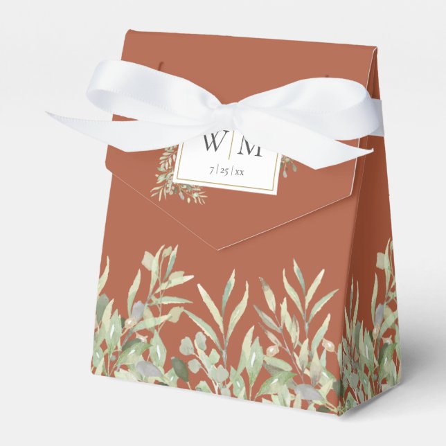Terracotta Greenerage Foliage Monogram Wedding Geschenkschachtel (Vorderseite)