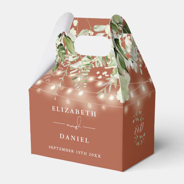 Terracotta Greenerity String Lights Monogram Weddi Geschenkschachtel (Vorderseite)